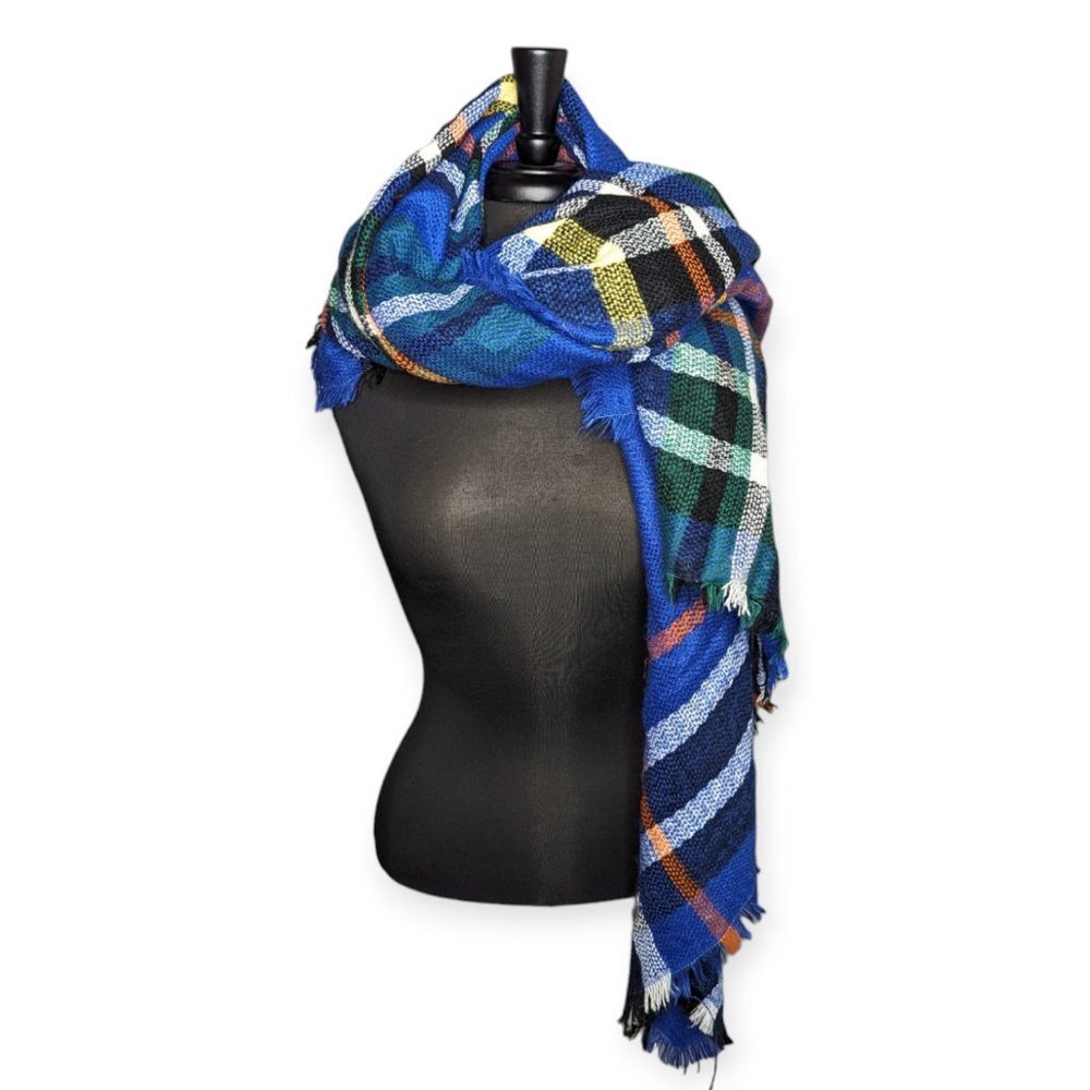 Blue Plaid Frayed Edge Large Wrap